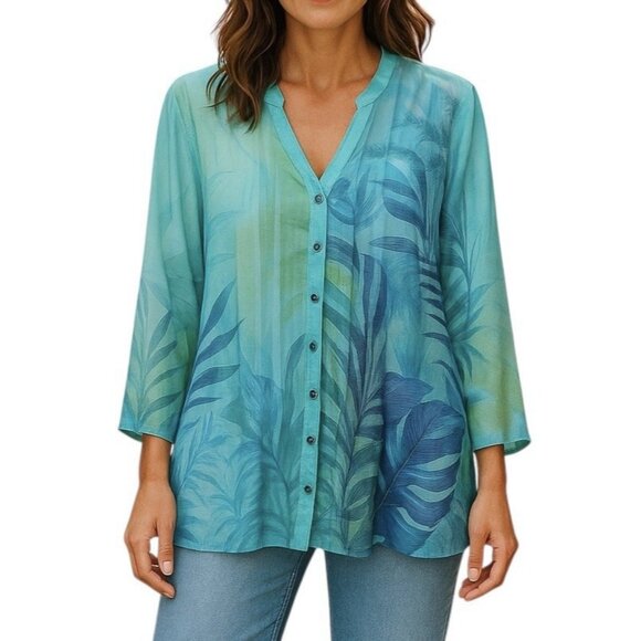 Sanctuary Blue Floral Blouse Womens 1X Chiffon Long Sleeve Includes Tank Top - Picture 1 of 10